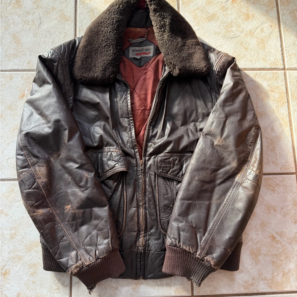 Members Only Dark Brown Leather Jacket with Fur Collar